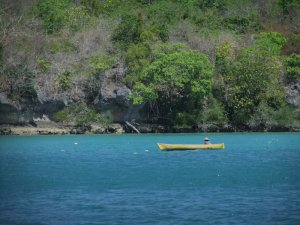 A farmer tending his seaweed.  The ropes are fastened to the bottom and floated with empty water bottles.