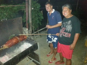 Eric and Romy tending to the Balinese pork roll.